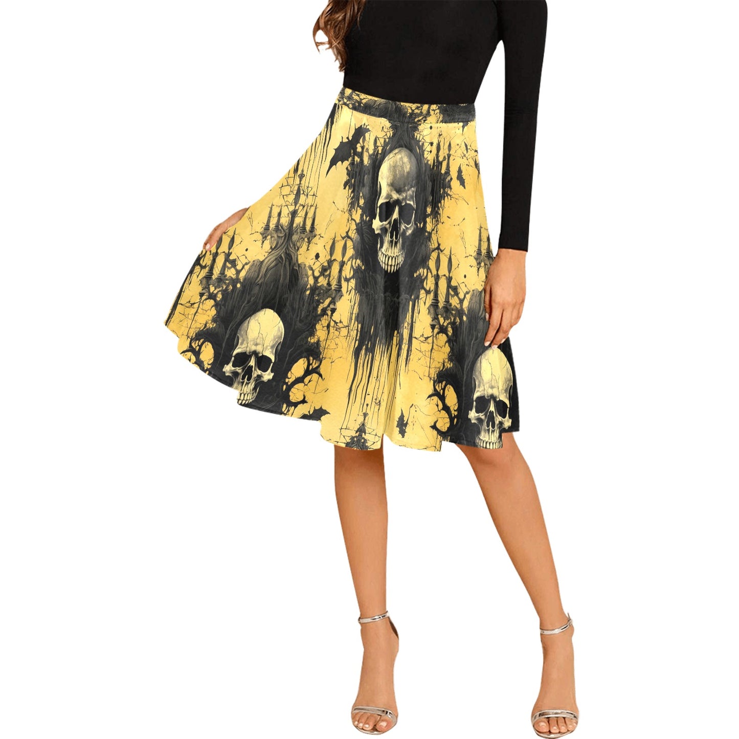 Gothic Skulls And Faded Yellow Pleated Midi Skirt