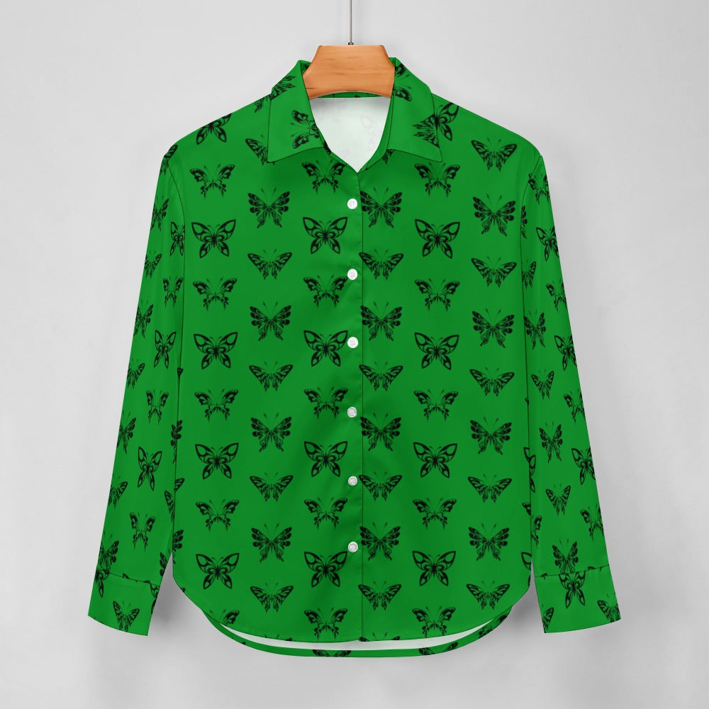 Ink Butterflies On Green Long Sleeve Casual Shirt