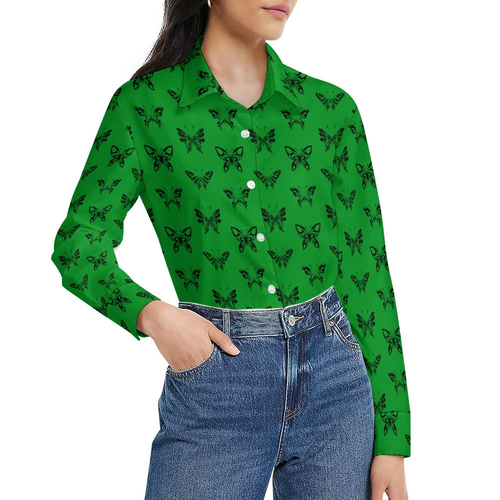 Ink Butterflies On Green Long Sleeve Casual Shirt