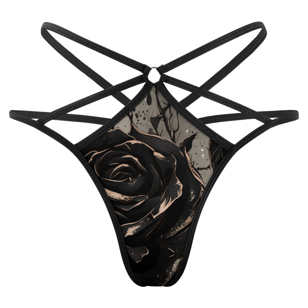 Gothic Stylized Black Rose T-back Thong