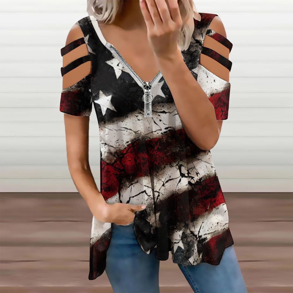 Grunge Red White And Blue Zip Off Shoulder Top