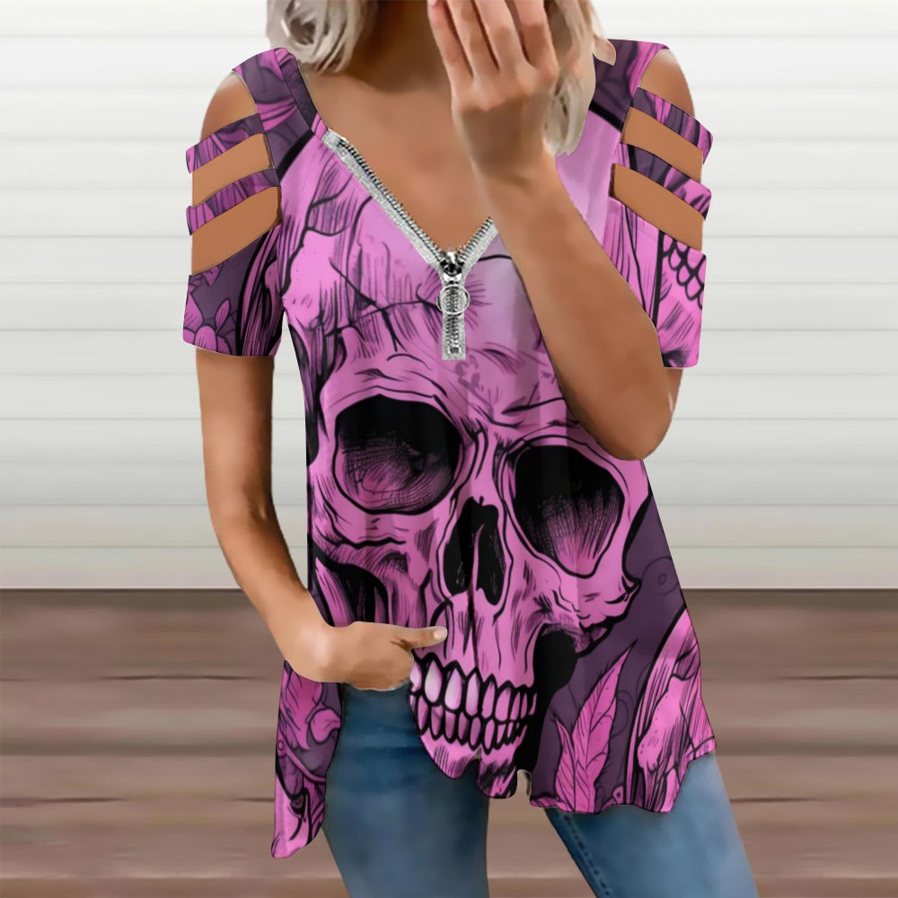 Pink Skull Zip Off Shoulder Top