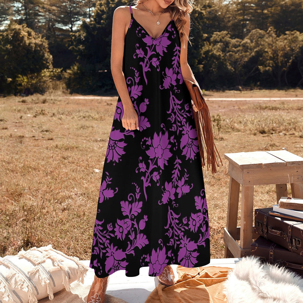 Purple Flowers Sling Ankle Long Dress