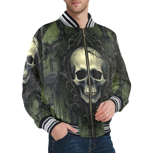 Gothic Green Skull Striped Trim Bomber Jacket