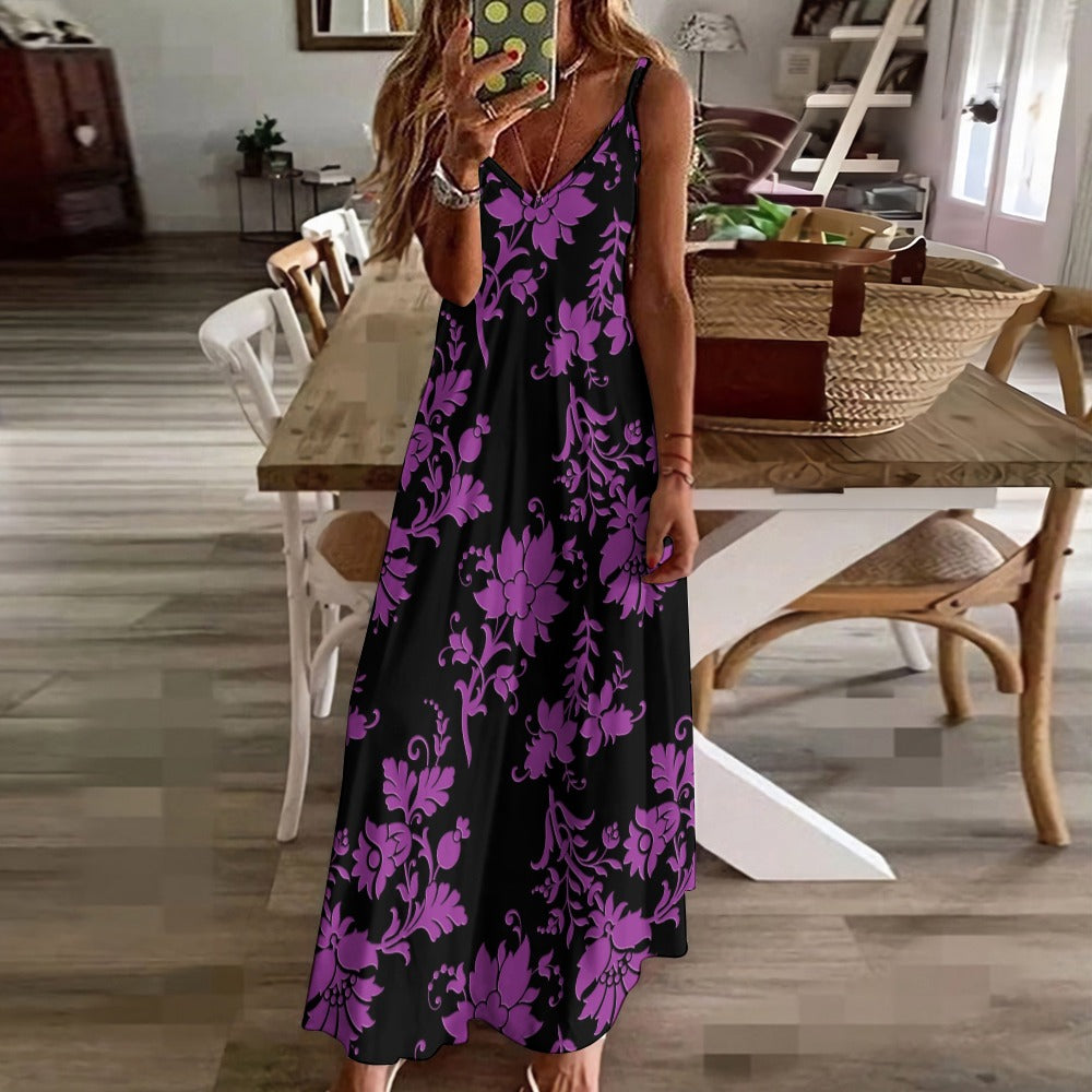 Purple Flowers Sling Ankle Long Dress