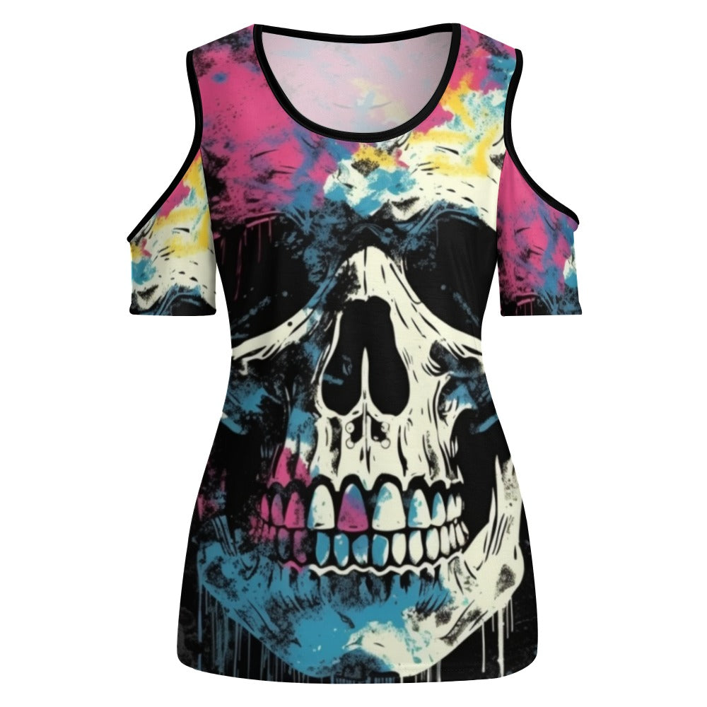 Skull Punk Off The Shoulder U-neck Short Sleeve Top