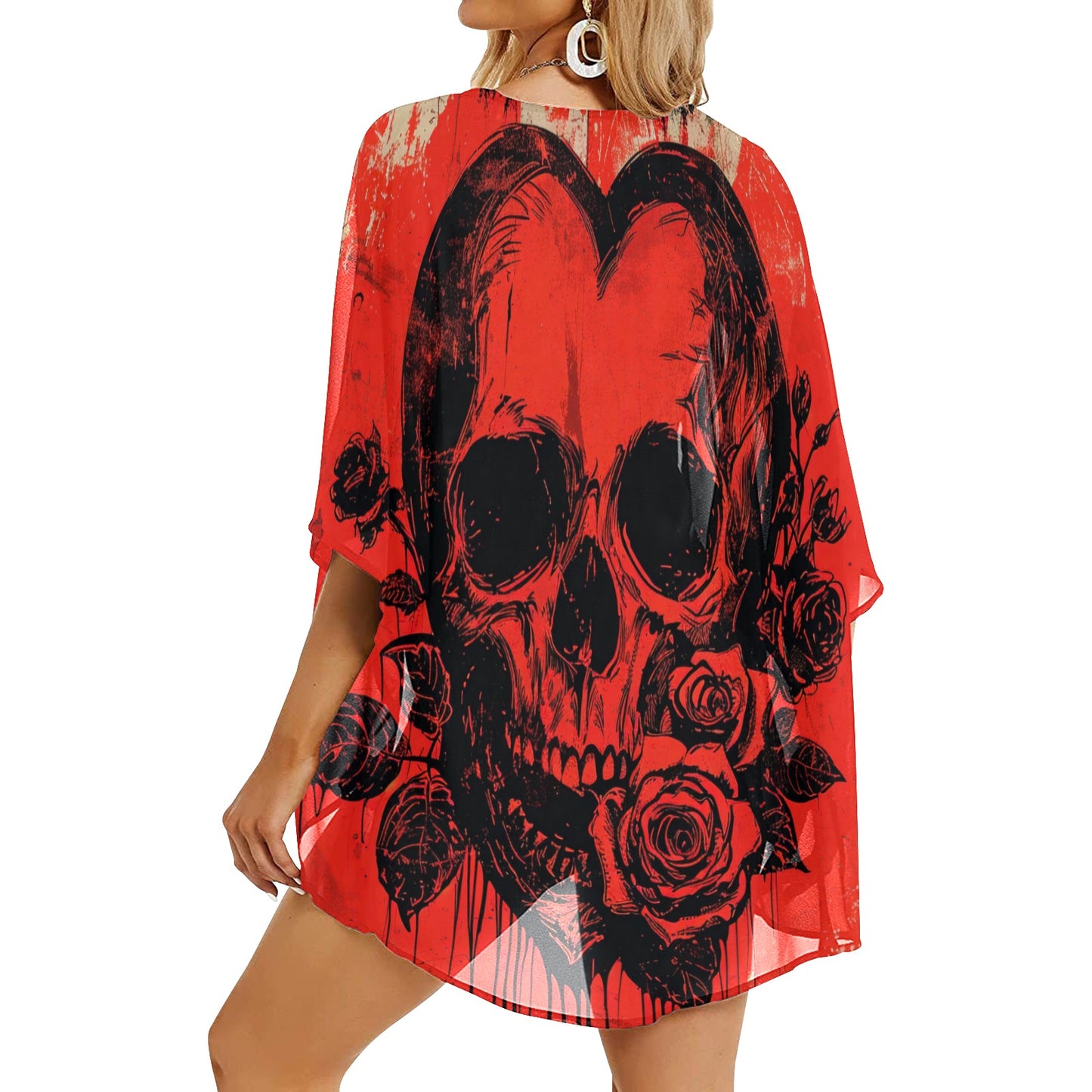 Skull And Rose Kimono Chiffon Cover Up