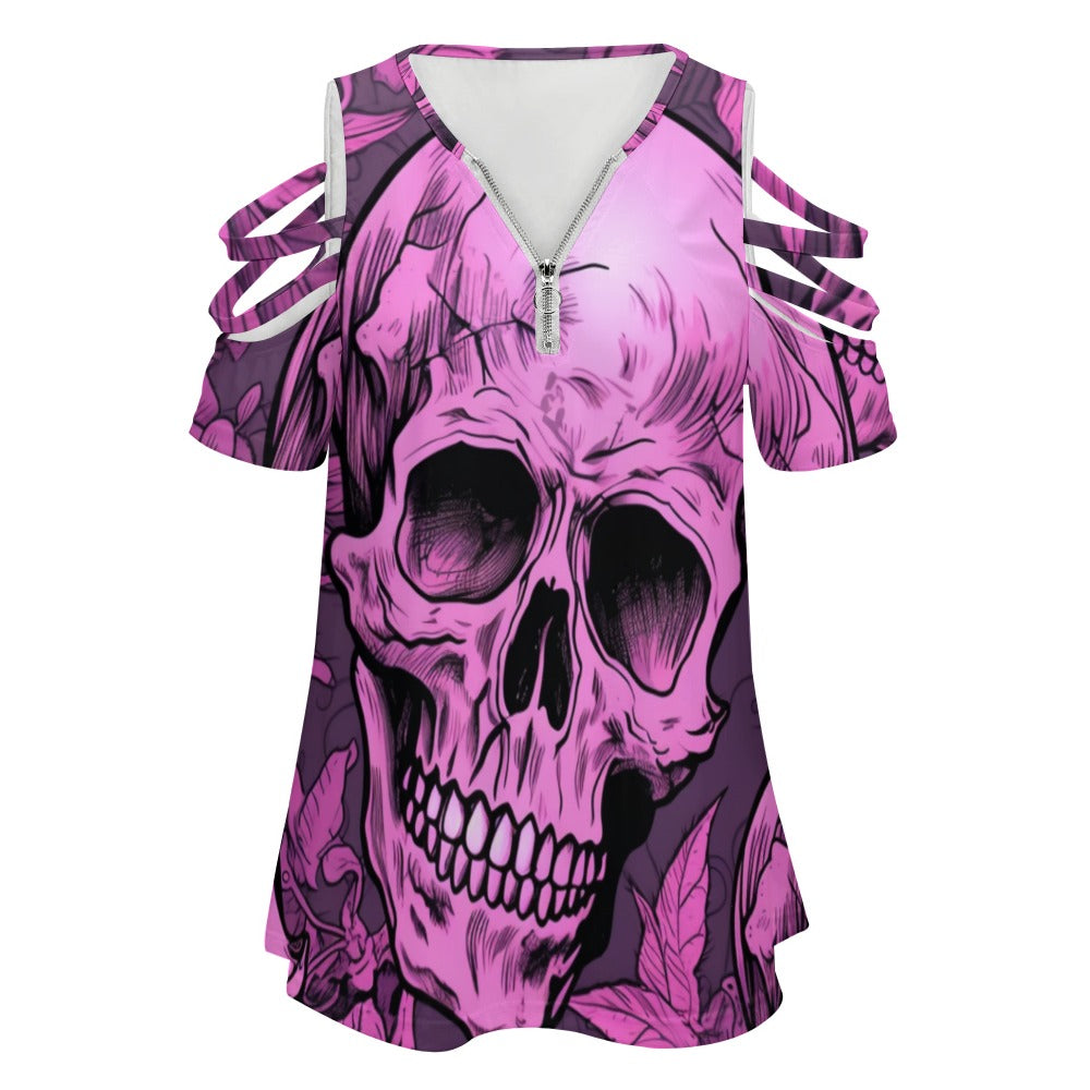 Pink Skull Zip Off Shoulder Top