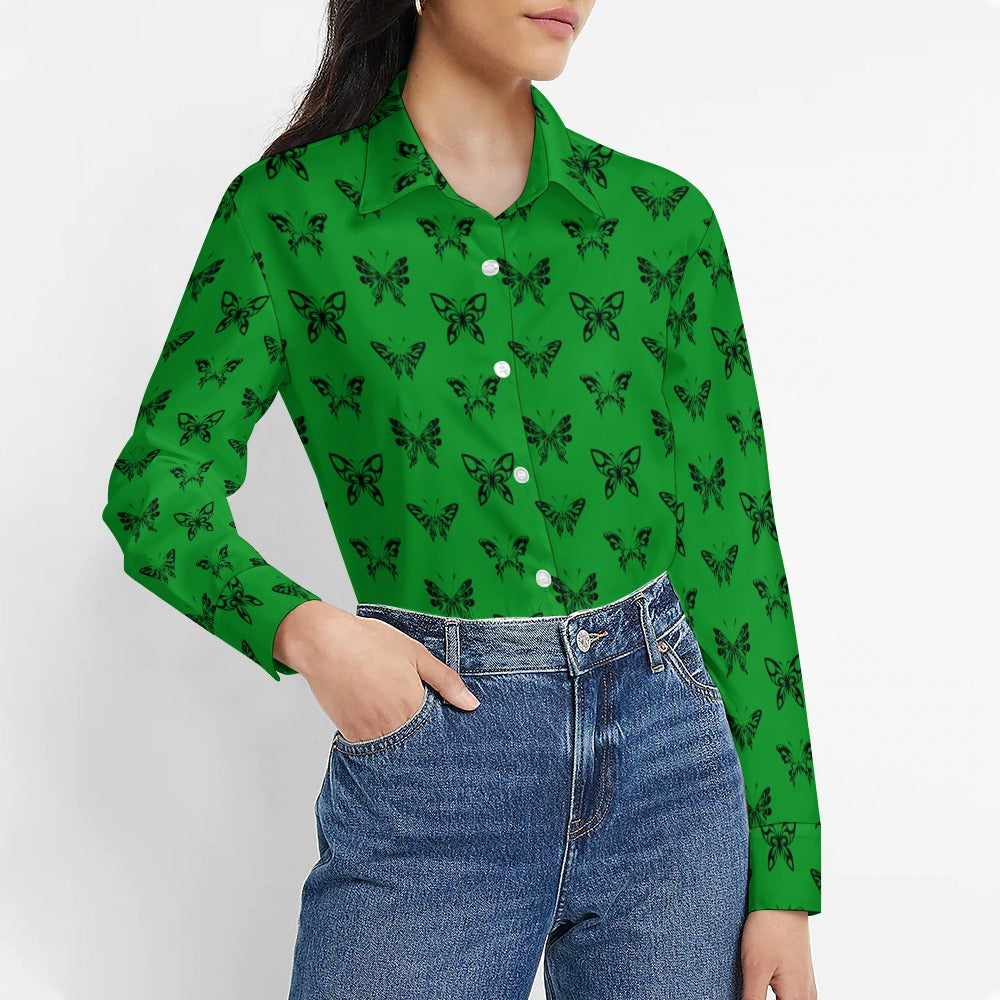 Ink Butterflies On Green Long Sleeve Casual Shirt