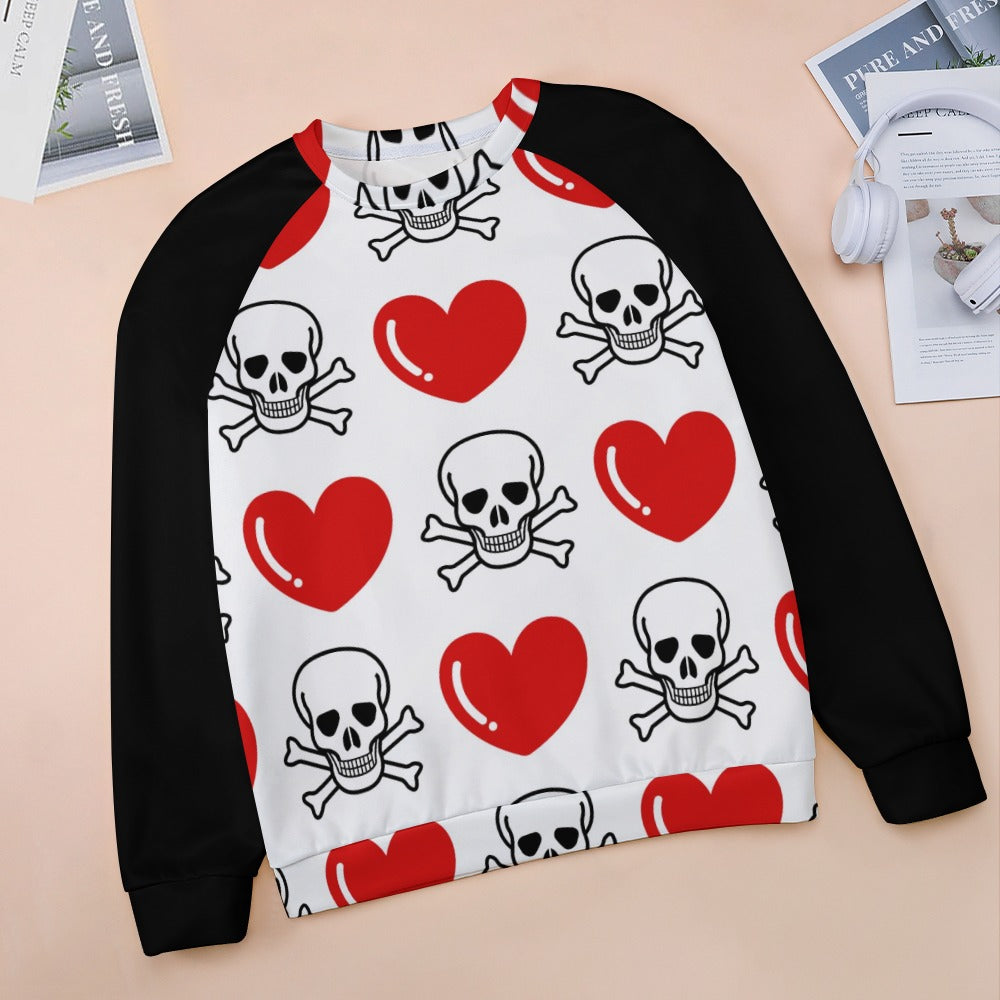 Skull And Cross Bones And Hearts Raglan Round Neck Sweater