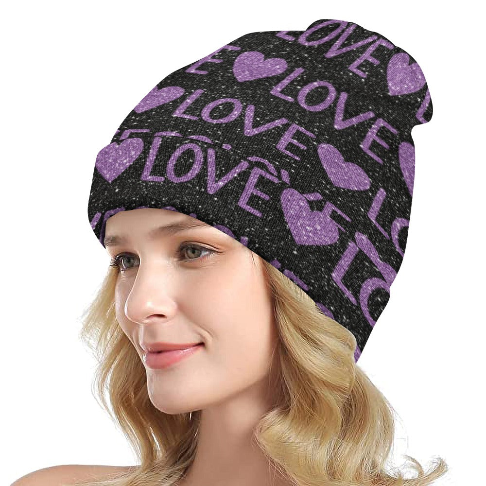 Sparkling Purple Love And Hearts Beanie