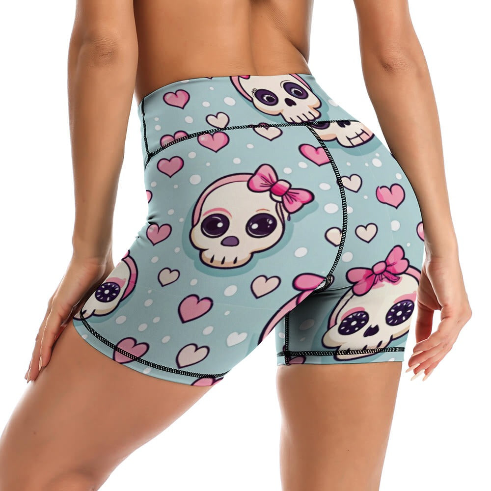 Cute Skulls With Bows Skinny Yoga Shorts