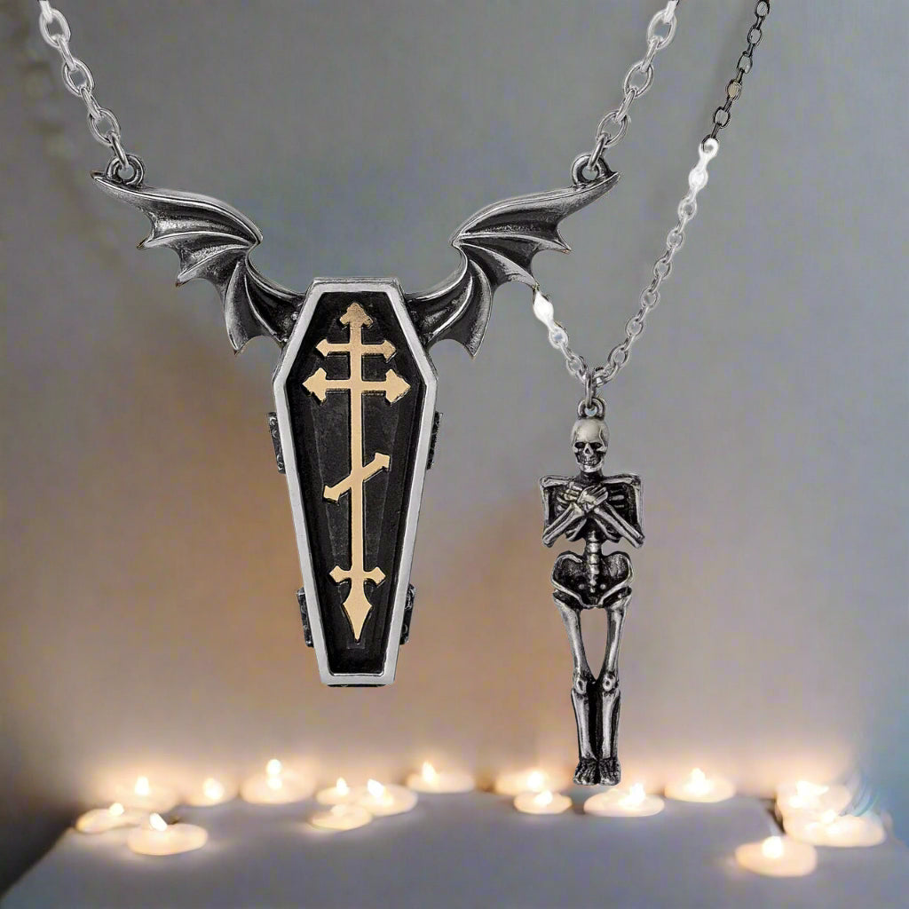 Coffin And Skeleton Couples Necklace