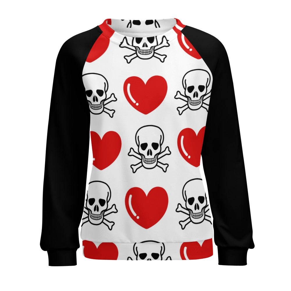 Skull And Cross Bones And Hearts Raglan Round Neck Sweater