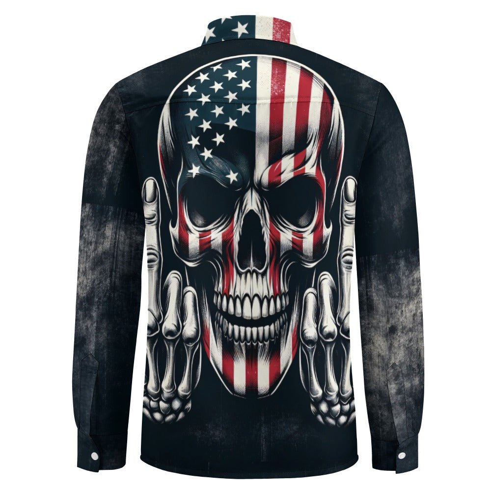 Middle Finger American Skull Casual One Pocket Long Sleeve Shirt