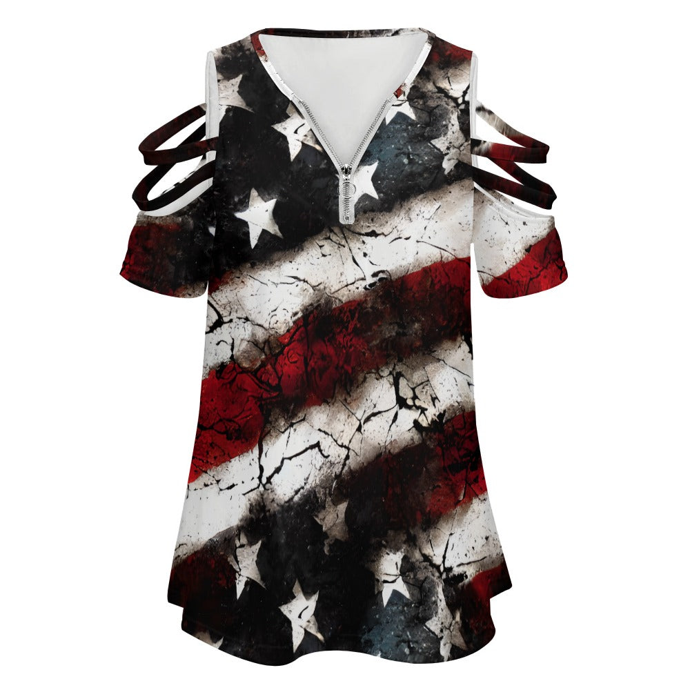 Grunge Red White And Blue Zip Off Shoulder Top