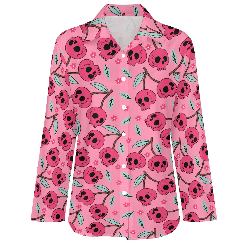 Pink Cherry Skulls Cropped Hem Shirt