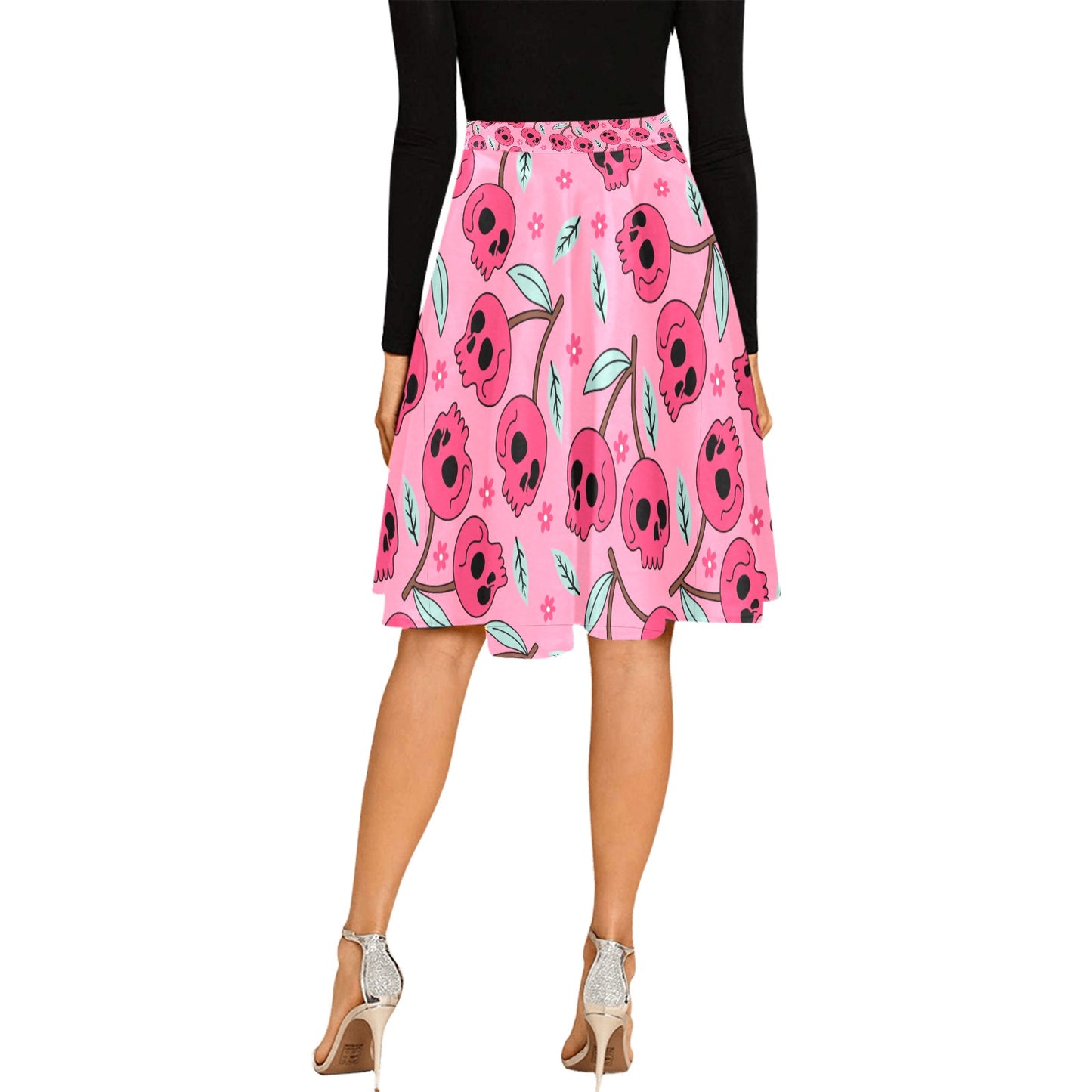 Pink Cherry Skulls Pleated Midi Skirt