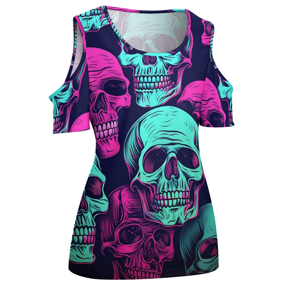 Neon Skulls Off The Shoulder U-neck Short Sleeve Top