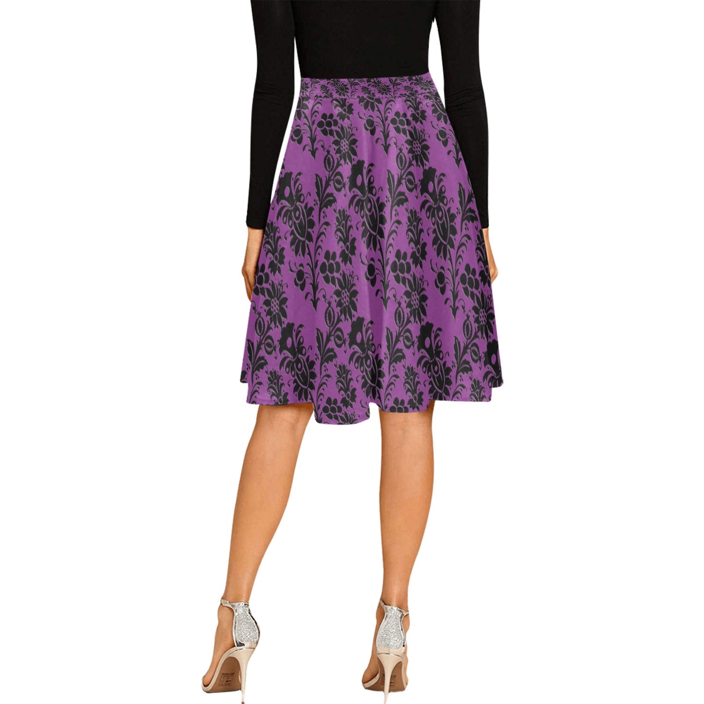 Gothic Black Flowers On Purple Pleated Midi Skirt