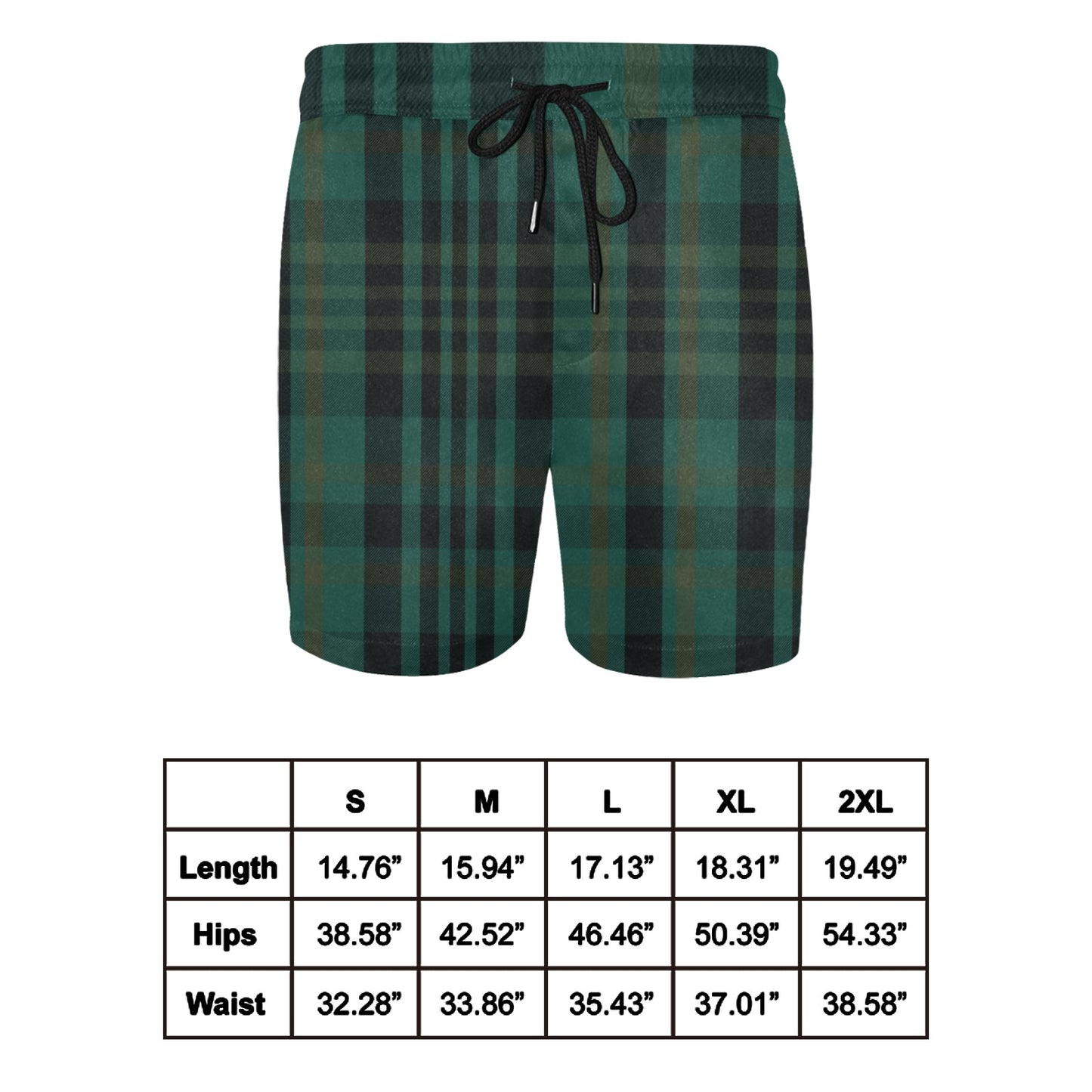 Dark Green Plaid Men's Mid-Length Swim Shorts