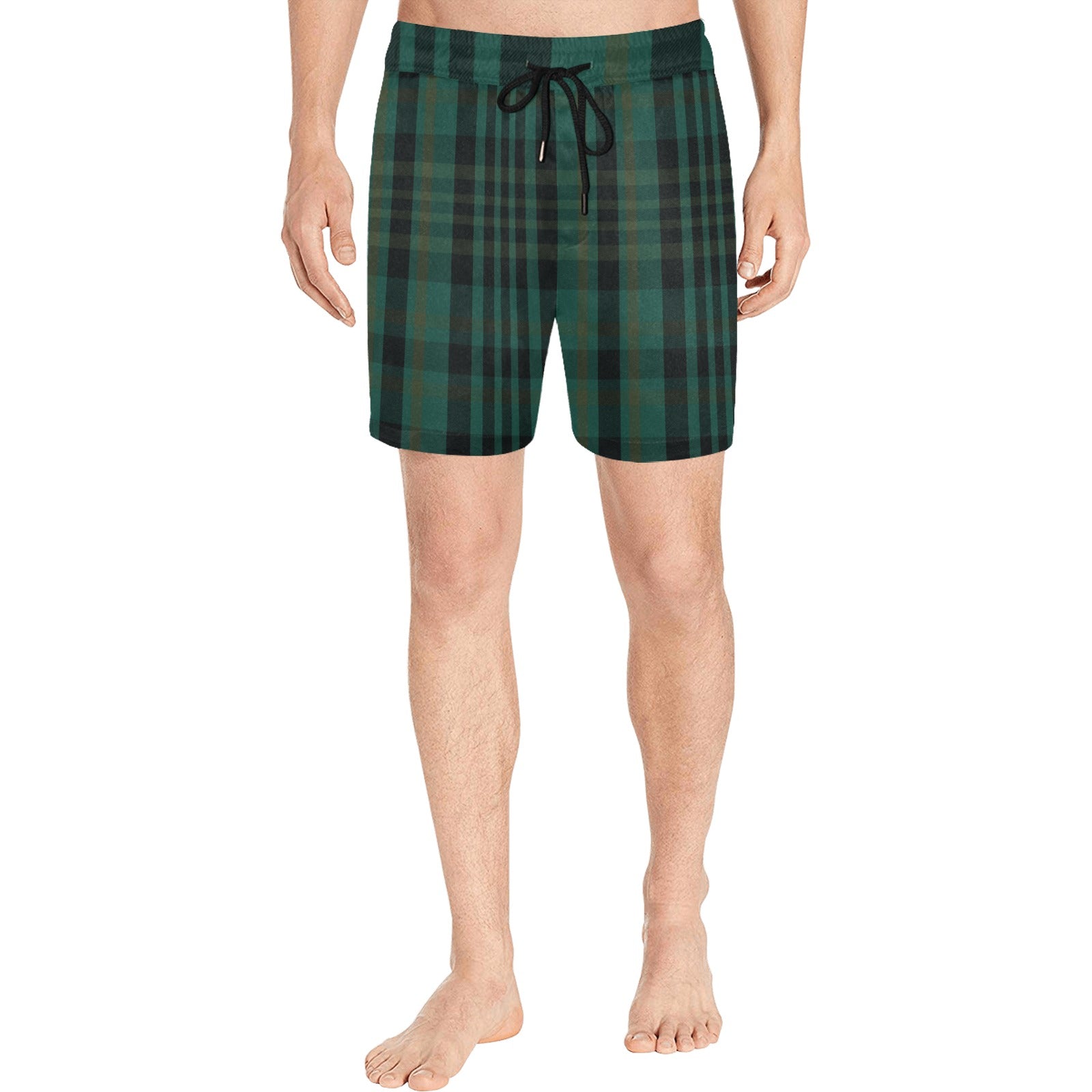 Dark Green Plaid Men's Mid-Length Swim Shorts