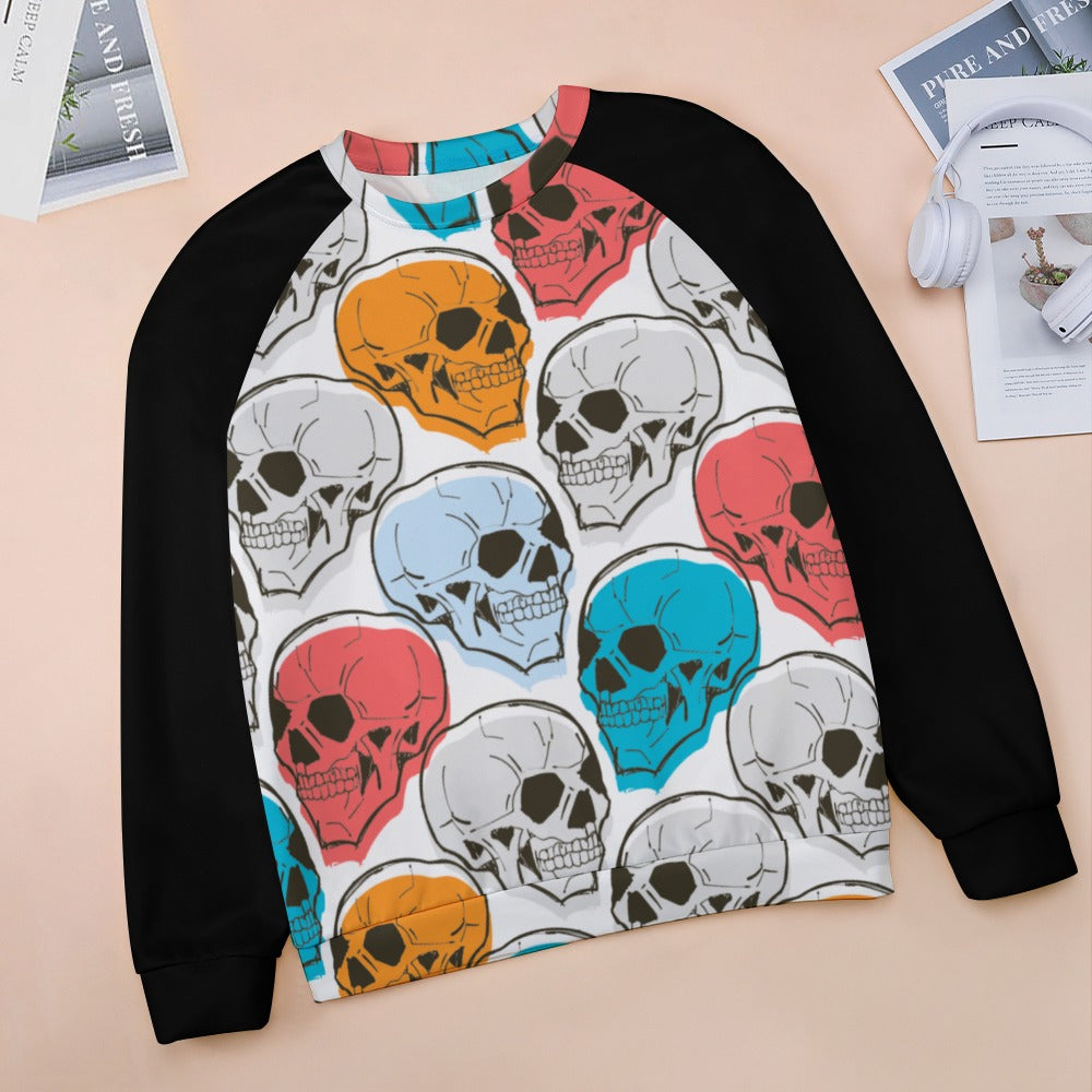 Colorful Skull Heads Raglan Round Neck Sweater