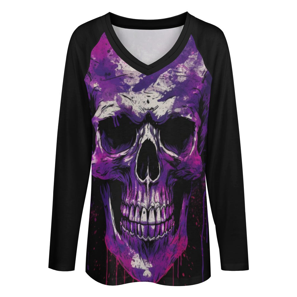 Grunge Purple Skull Long Sleeve Loose Tee