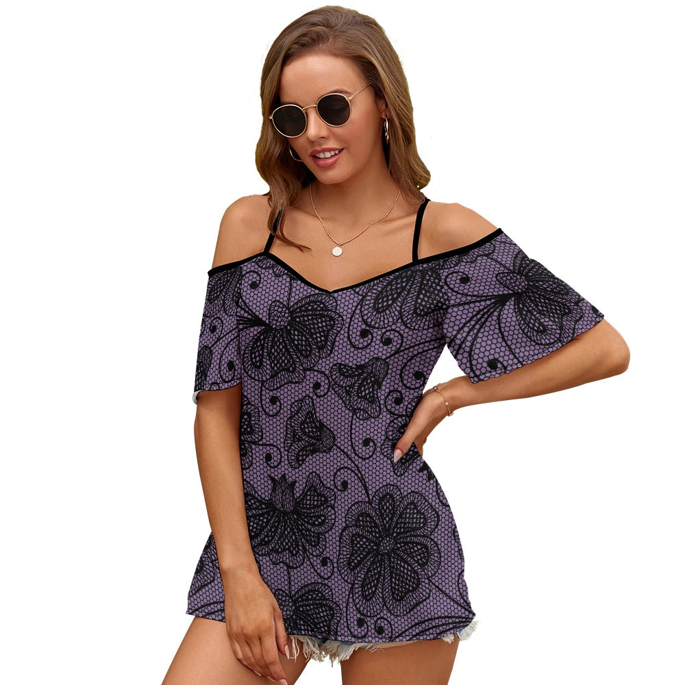 Purple Lacy Design Casual Ladies Off Shoulder Sling Short Sleeve Top