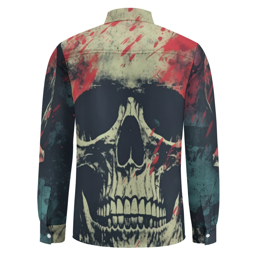 Grunge Skull Splattered Casual One Pocket Long Sleeve Shirt
