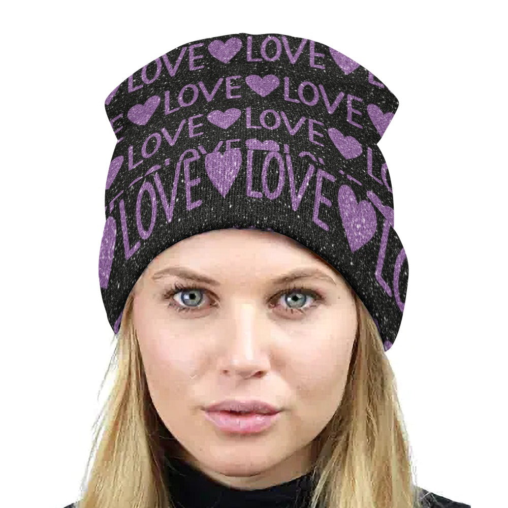 Sparkling Purple Love And Hearts Beanie