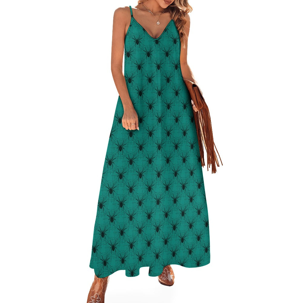 Spiders On Teal Sling Ankle Long Dress