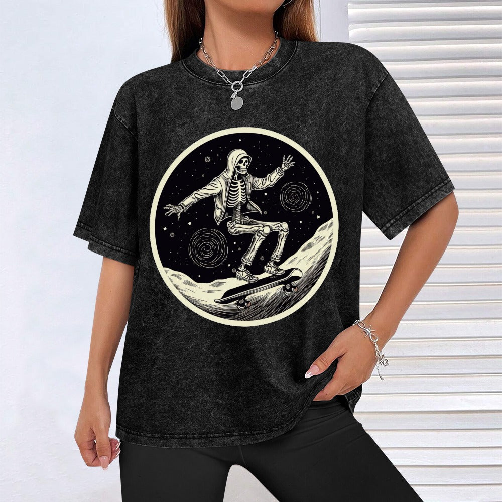 Skateboarding Space Skeleton Wash Off Short Sleeved T-shirt