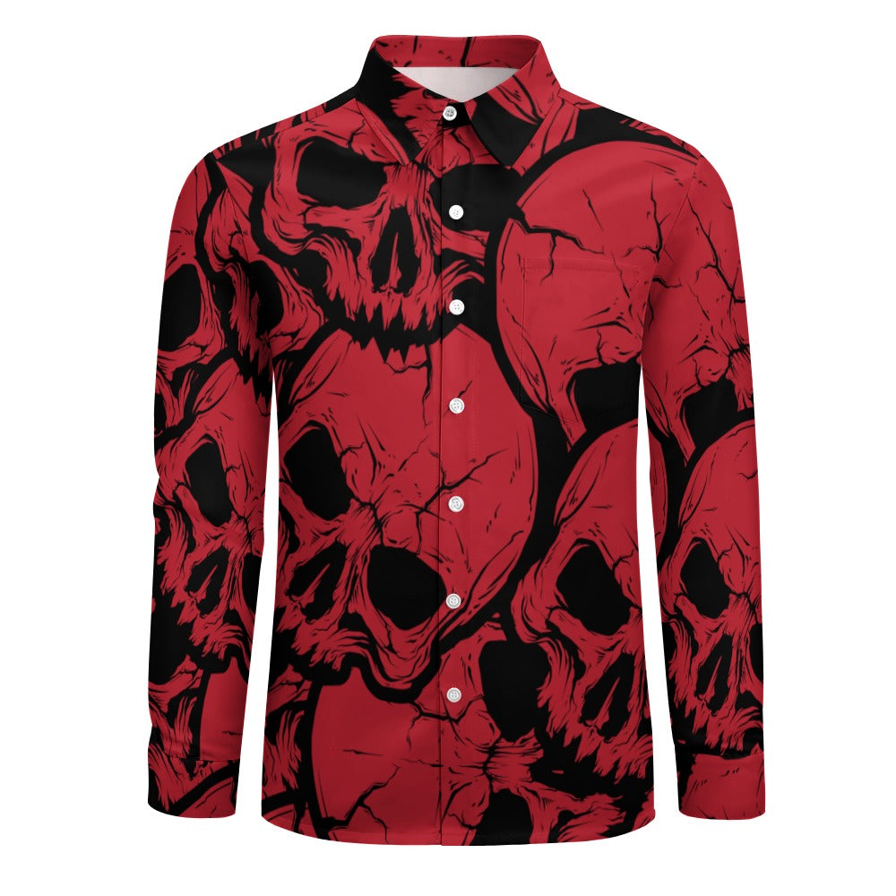 Red Skull Design Casual One Pocket Long Sleeve Shirt