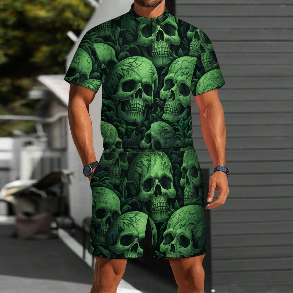 Green Skulls One Piece Short Sleeved Jumpsuit