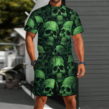 Green Skulls One Piece Short Sleeved Jumpsuit