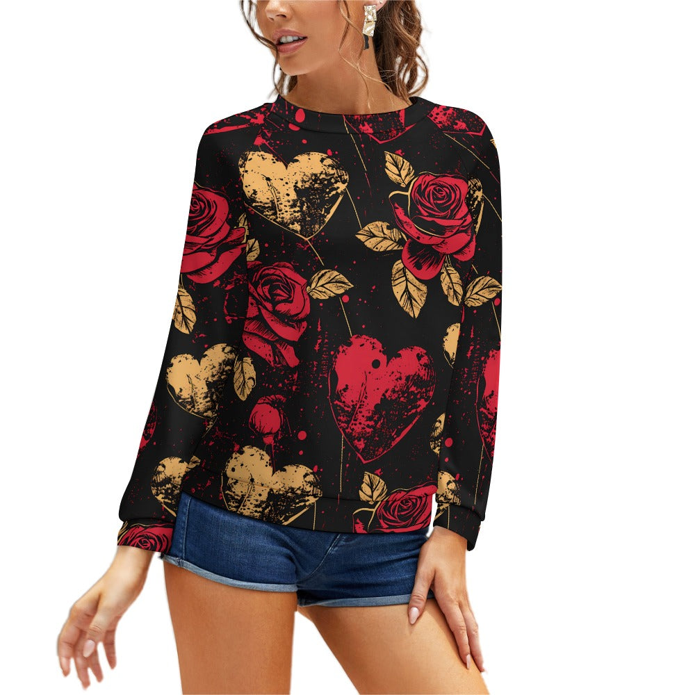 Roses And Hearts Raglan Round Neck Sweater