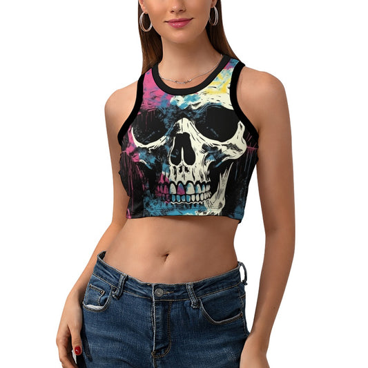 Pink And Blue Paint Skull Cropped Slim Racer Tank Top