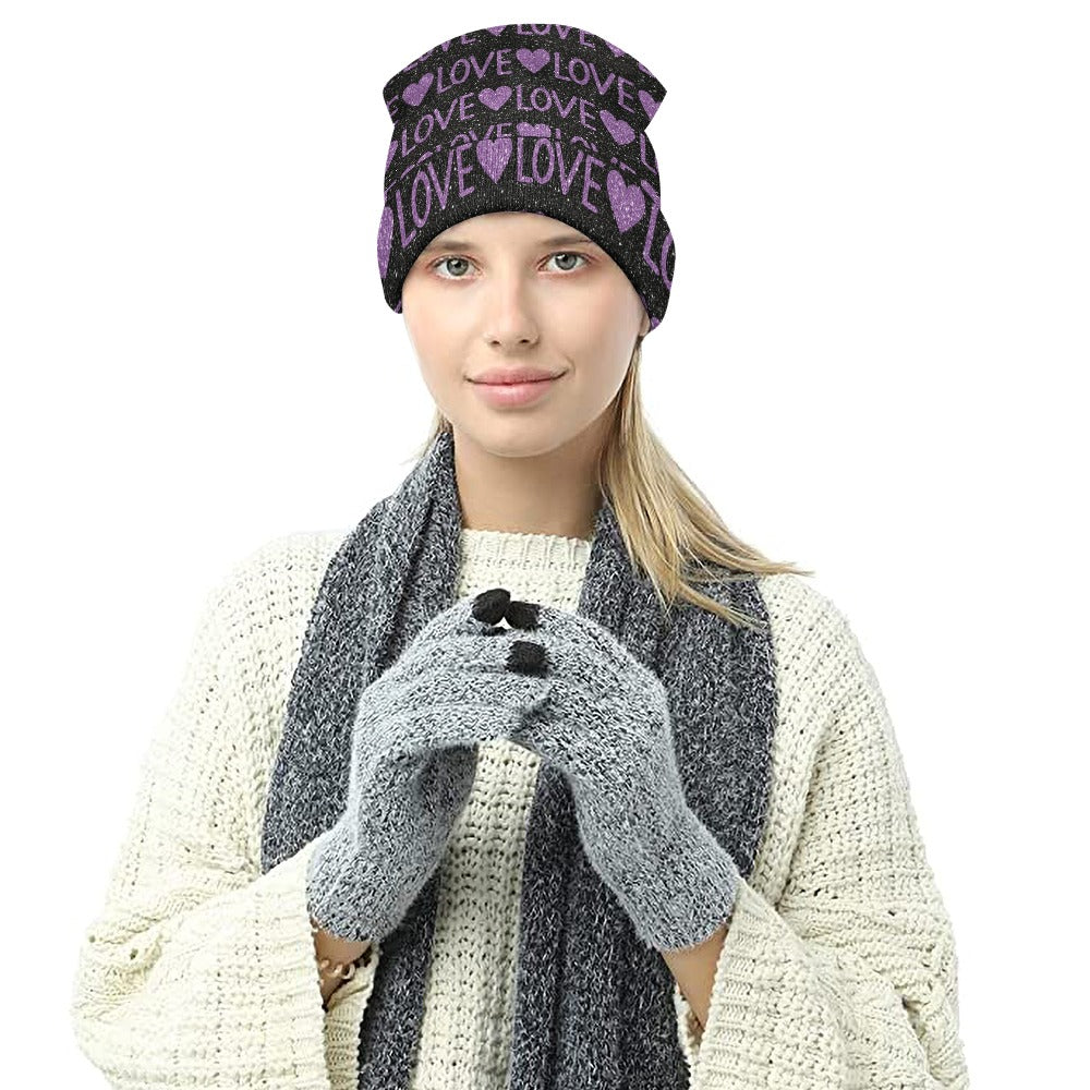 Sparkling Purple Love And Hearts Beanie