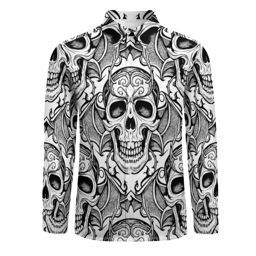 Smiling Black and White Skulls Casual One Pocket Long Sleeve Shirt