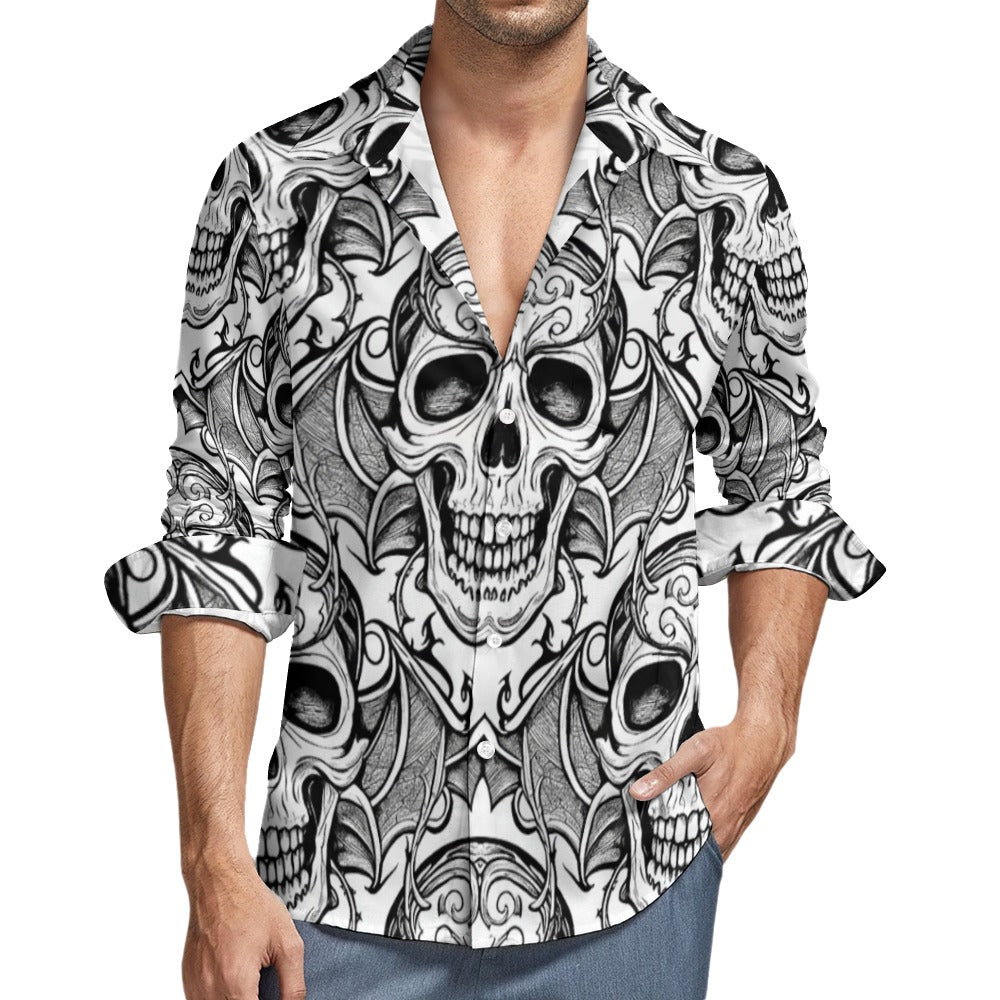 Smiling Black and White Skulls Casual One Pocket Long Sleeve Shirt