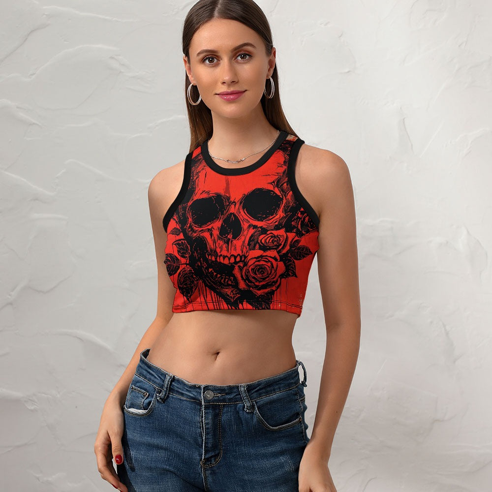 Skull And Rose Cropped Slim Racer Tank Top