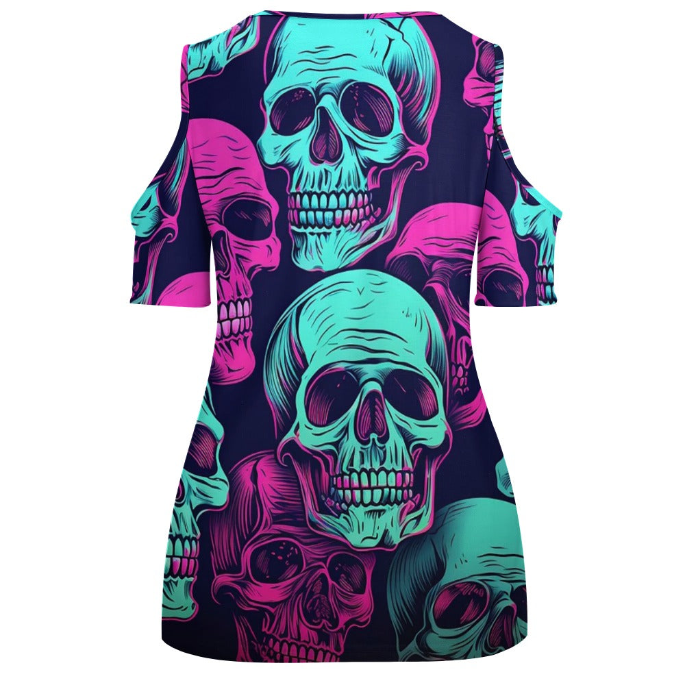 Neon Skulls Off The Shoulder U-neck Short Sleeve Top