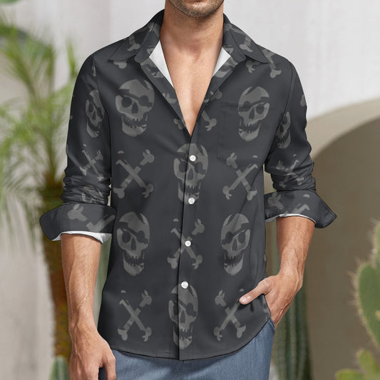 Faded Skull and Cross Bones Casual One Pocket Long Sleeve Shirt