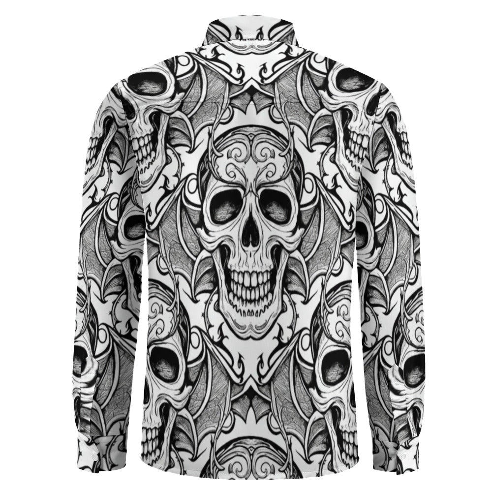 Smiling Black and White Skulls Casual One Pocket Long Sleeve Shirt