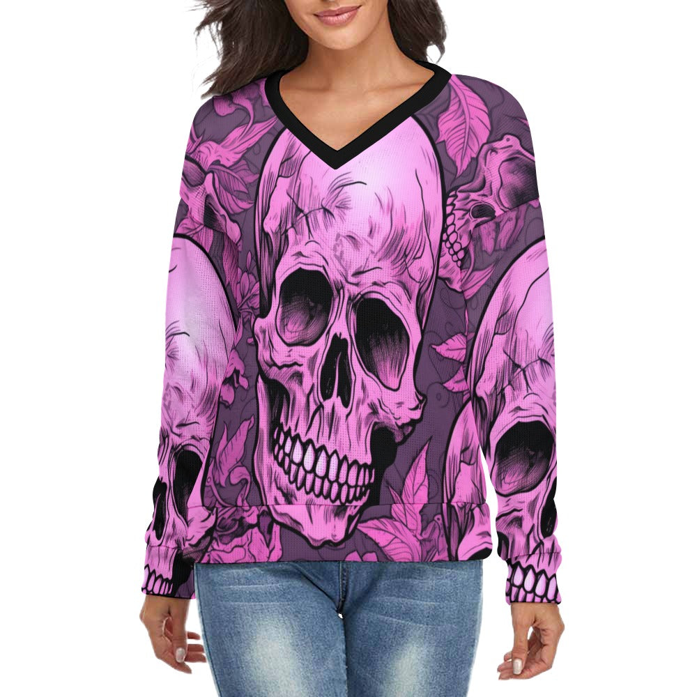 Pink Skull V-Neck Long Sleeve Sweater