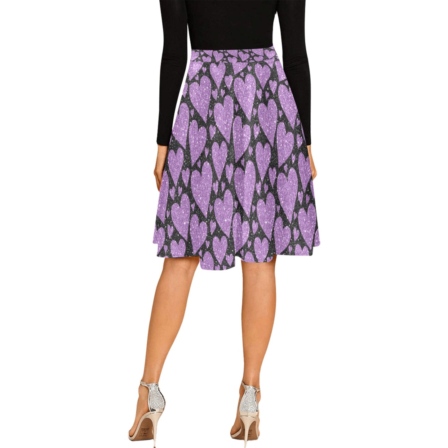 Sparkling Purple Hearts Pleated Midi Skirt