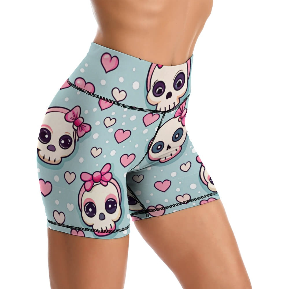 Cute Skulls With Bows Skinny Yoga Shorts