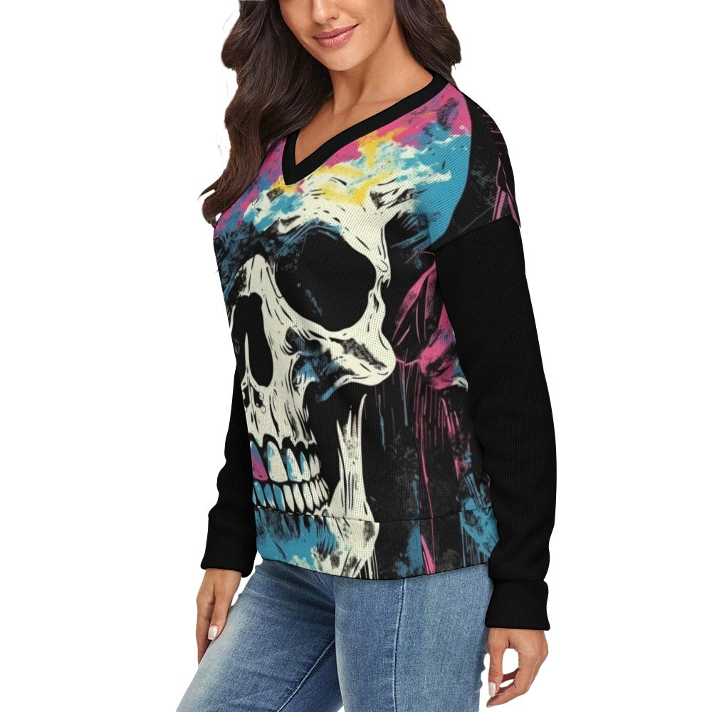 Multicolor Skulls V-Neck Long Sleeve Sweater