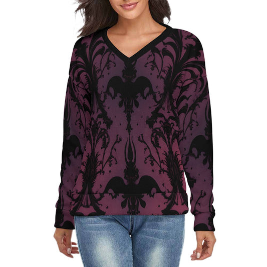 Gothic Purple And Black V-Neck Long Sleeve Sweater